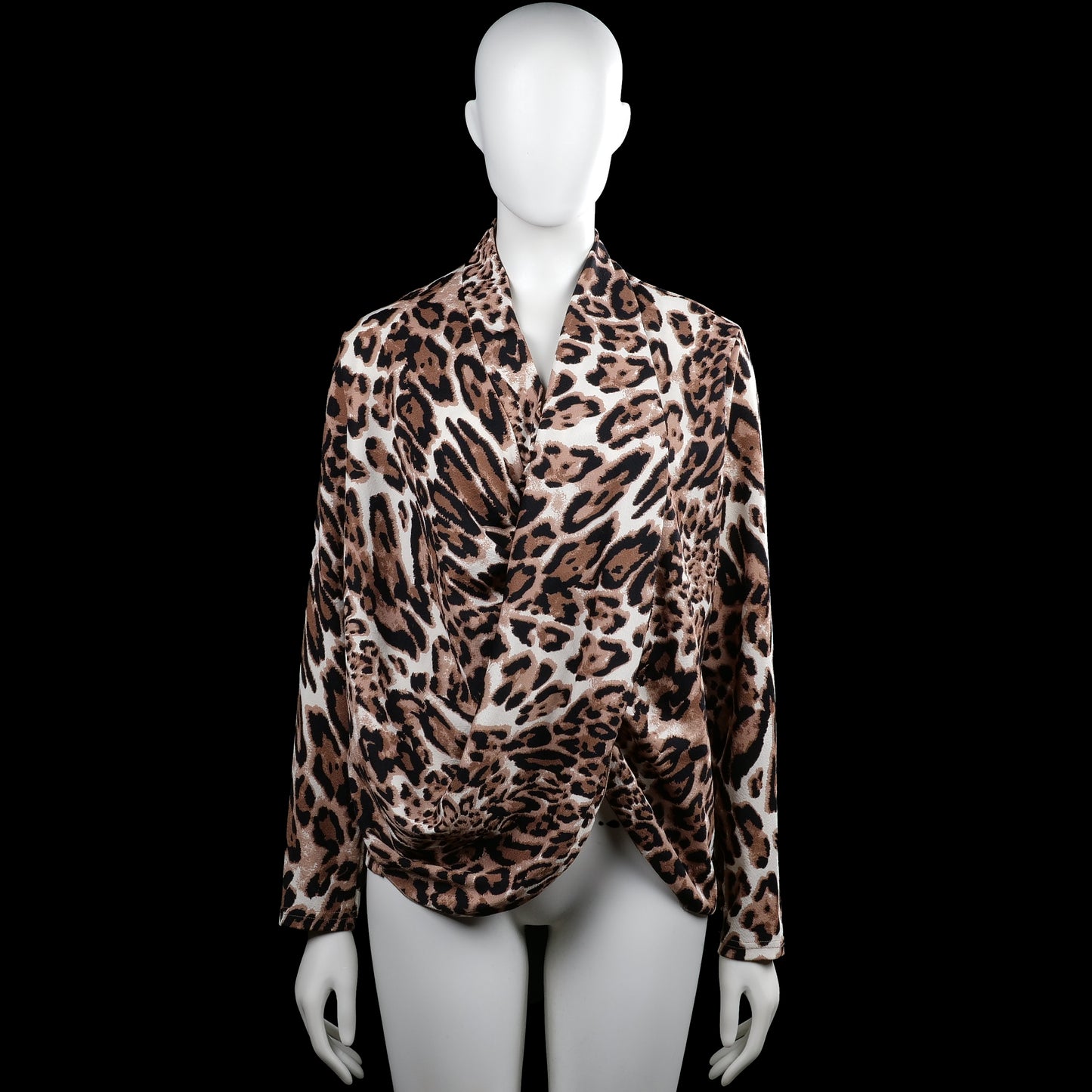 Shein - Blouse - Brown & Black - Size M - Brown and black leopard-pattern long-sleeve top with a V-neck wrap front. Straight hem and plain cuffs.