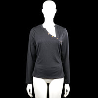 Chicme - Long-sleeve top - Charcoal - Size L - (NEW) - Charcoal solid long-sleeve top with an asymmetrical neckline and decorative buttons across the front. Straight hem and plain cuffs.