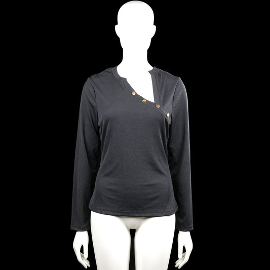 Chicme - Long-sleeve top - Charcoal - Size L - (NEW) - Charcoal solid long-sleeve top with an asymmetrical neckline and decorative buttons across the front. Straight hem and plain cuffs.