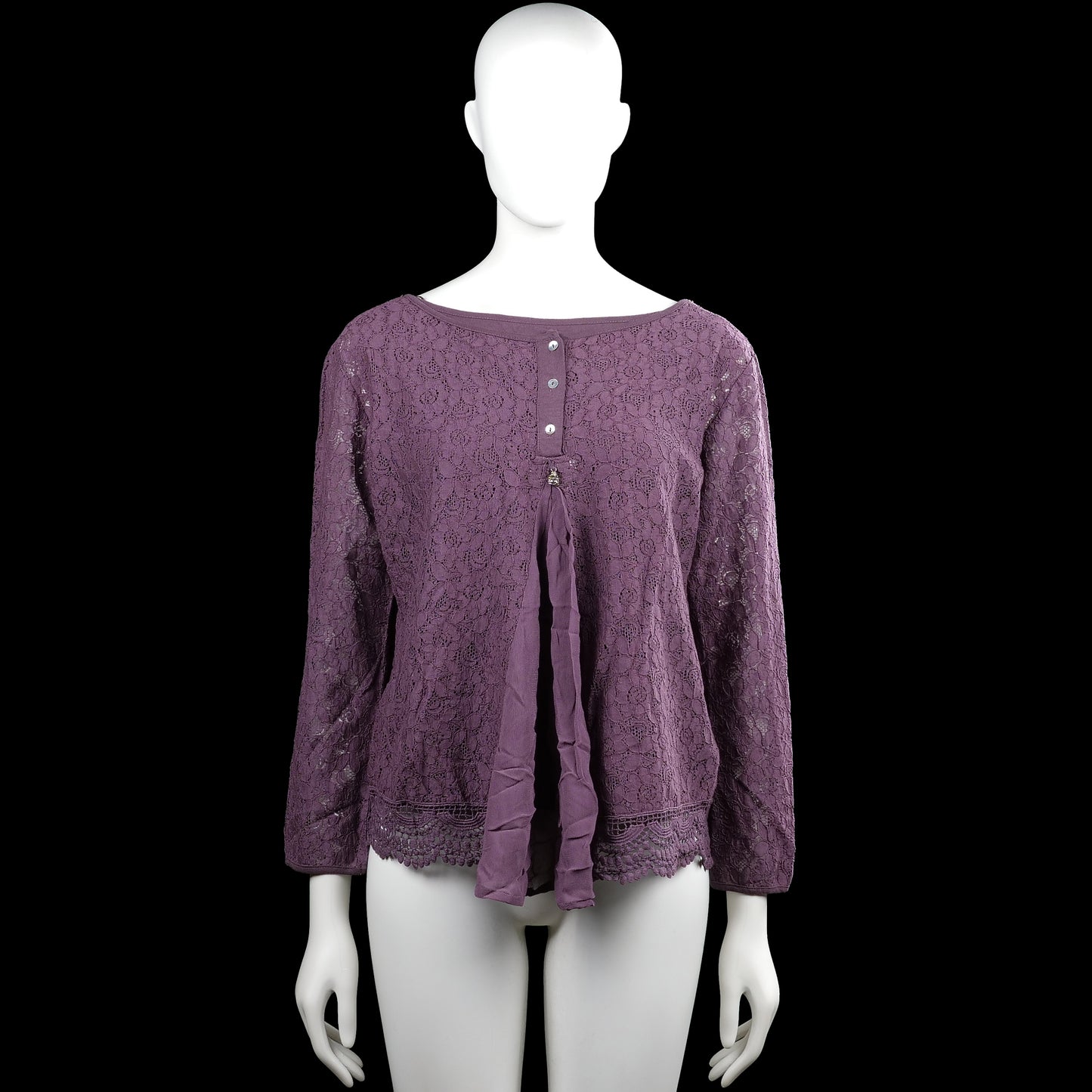 Ajlajk - Blouse - Purple - Size S - Purple floral lace top with a boat neck and long sleeves. Features a short button placket at the front and a scalloped hem.