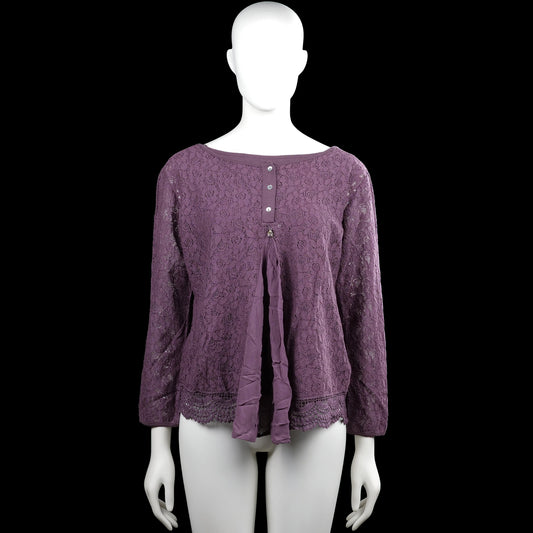 Ajlajk - Blouse - Purple - Size S - Purple floral lace top with a boat neck and long sleeves. Features a short button placket at the front and a scalloped hem.