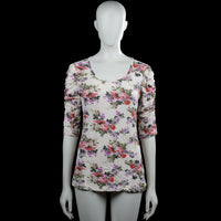 Lala rules - Tunic - Ivory & Pink - Size L - Ivory top with an allover pink and purple floral pattern and a scoop neckline. Features three-quarter sleeves with ruched detailing and plain cuffs, and a straight hem.