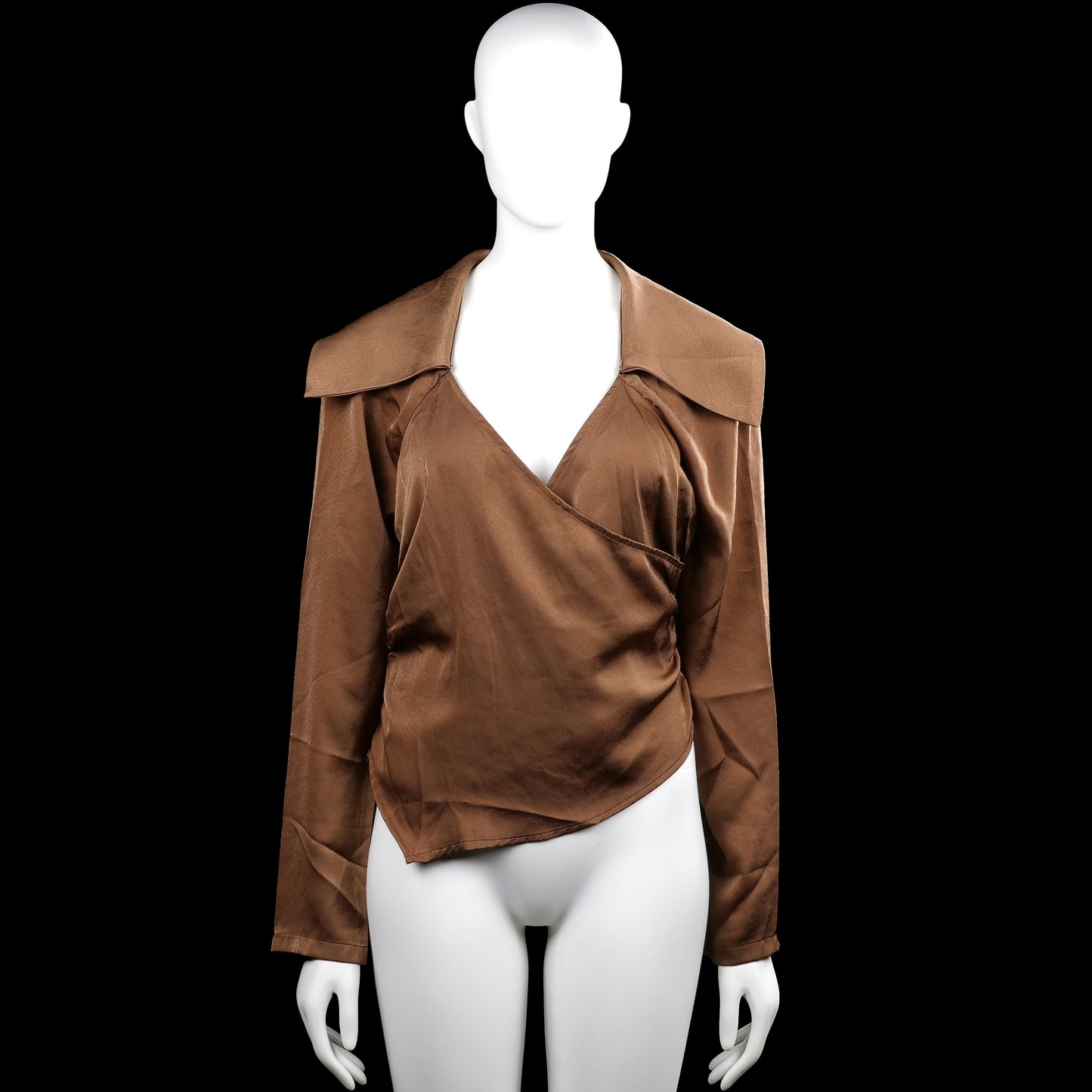 Shein - Blouse - Brown - Size M - Brown solid wrap-style top with a V-neckline and an oversized collar. Long sleeves with plain cuffs and an asymmetrical hem.