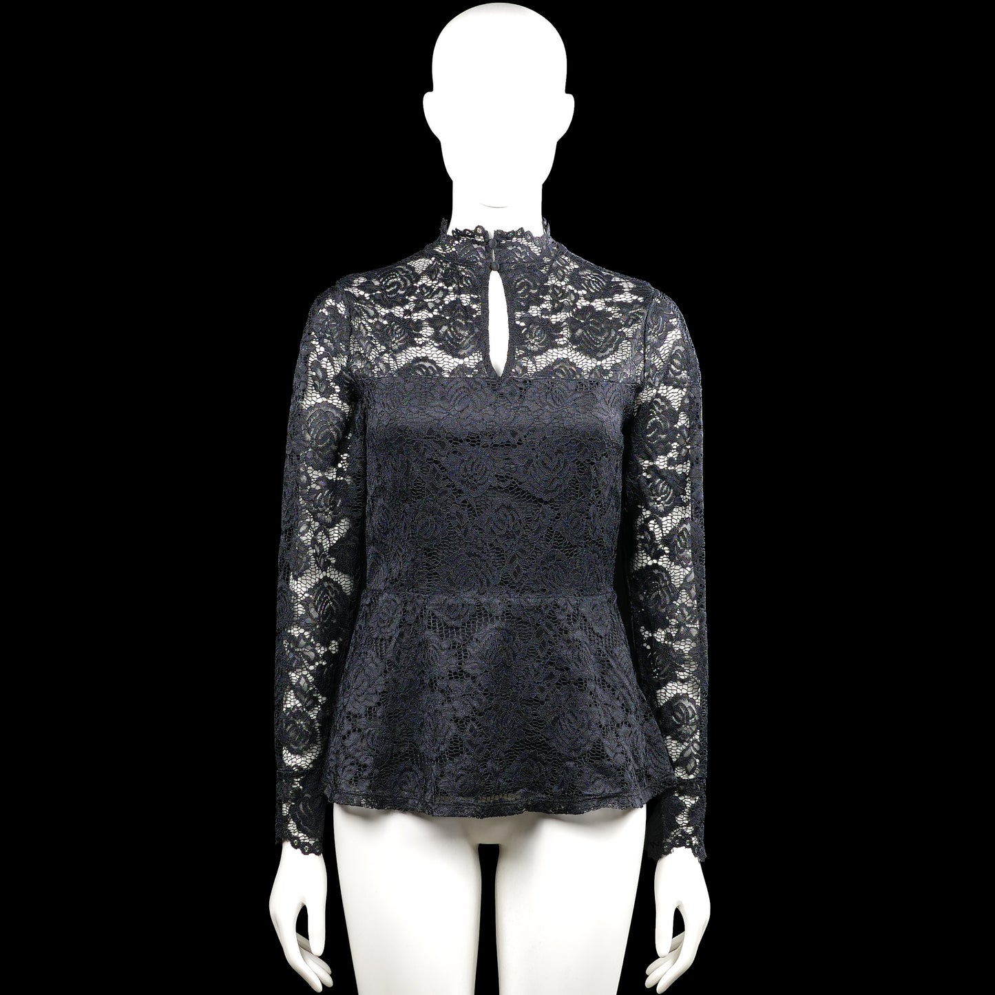 Kappahl - Blouse - Black & White - Size S - Black and white floral lace top with a high neckline and a front keyhole opening. Features long sleeves with plain cuffs and a straight hem.