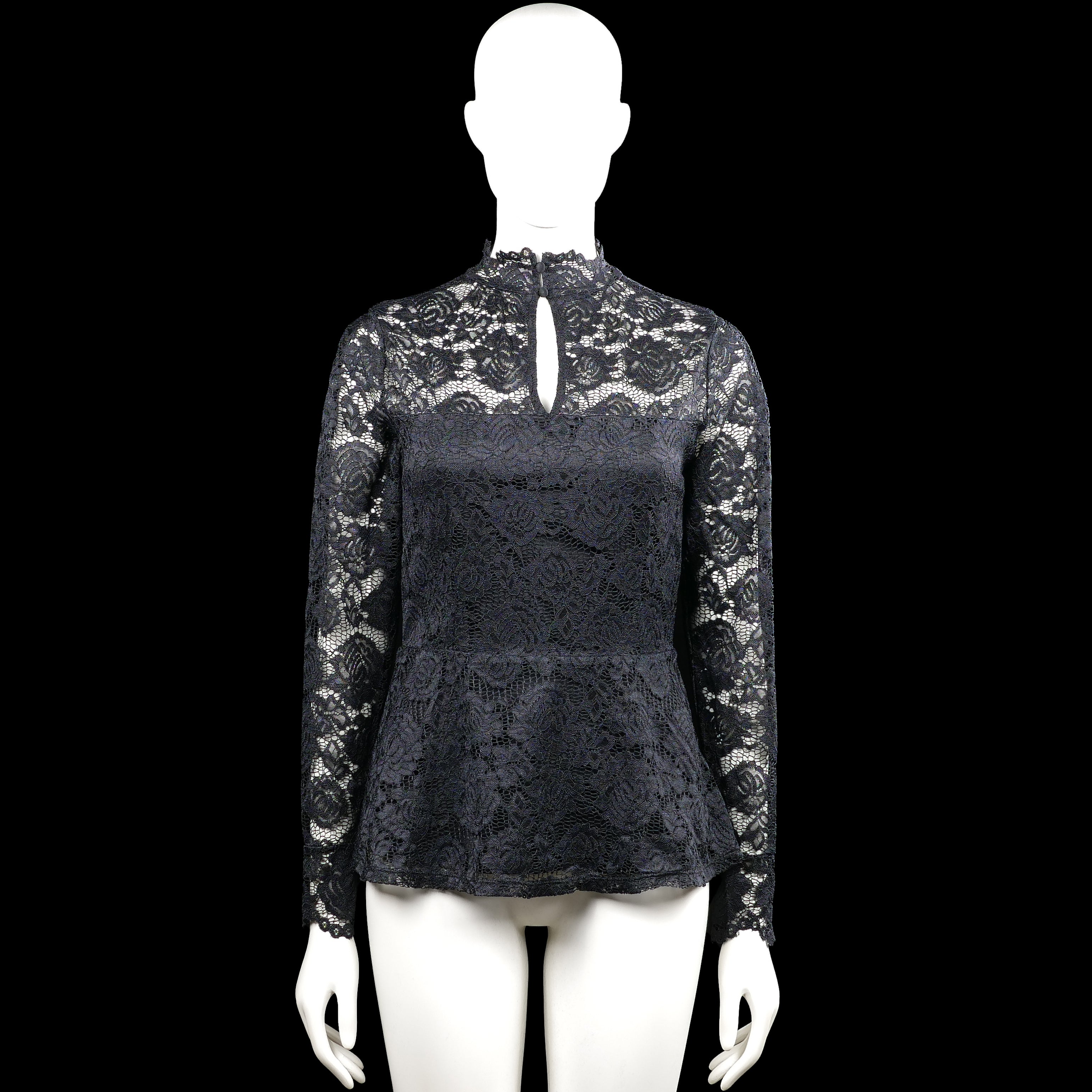 Kappahl - Blouse - Black & White - Size S - Black and white floral lace top with a high neckline and a front keyhole opening. Features long sleeves with plain cuffs and a straight hem.