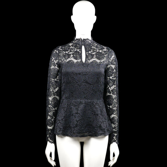 Kappahl - Blouse - Black & White - Size S - Black and white floral lace top with a high neckline and a front keyhole opening. Features long sleeves with plain cuffs and a straight hem.