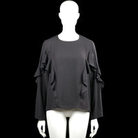 Pimkie - Blouse - Charcoal - Size M - Charcoal solid top with a round neckline and long sleeves featuring layered ruffles along the upper sleeves and sides. Straight hem and a small back keyhole opening with a visible closure at the neckline.
