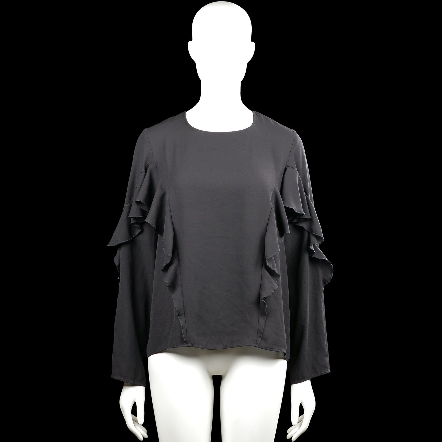 Pimkie - Blouse - Charcoal - Size M - Charcoal solid top with a round neckline and long sleeves featuring layered ruffles along the upper sleeves and sides. Straight hem and a small back keyhole opening with a visible closure at the neckline.