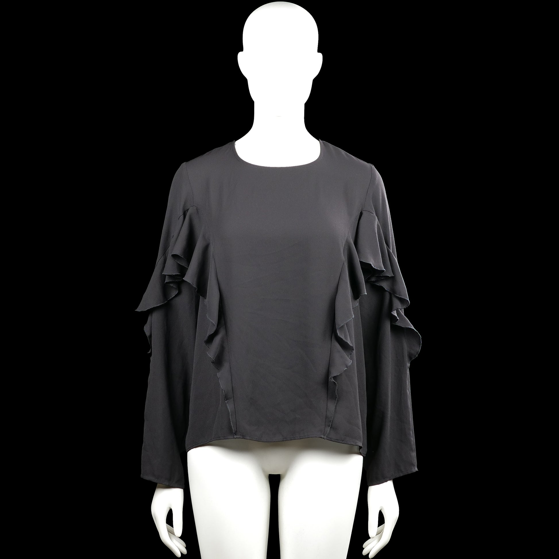 Pimkie - Blouse - Charcoal - Size M - Charcoal solid top with a round neckline and long sleeves featuring layered ruffles along the upper sleeves and sides. Straight hem and a small back keyhole opening with a visible closure at the neckline.