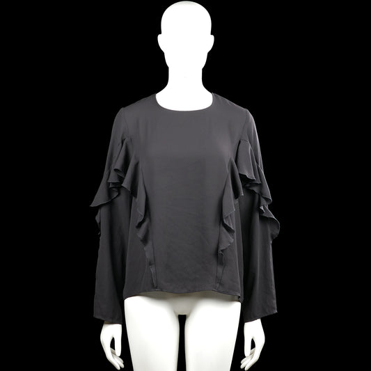 Pimkie - Blouse - Charcoal - Size M - Charcoal solid top with a round neckline and long sleeves featuring layered ruffles along the upper sleeves and sides. Straight hem and a small back keyhole opening with a visible closure at the neckline.