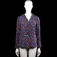 Part two - Blouse - Navy & Red - Size 34 - Navy top with a red and white dotted pattern and a ruffled V-neck. Long sleeves with plain cuffs and a straight hem.