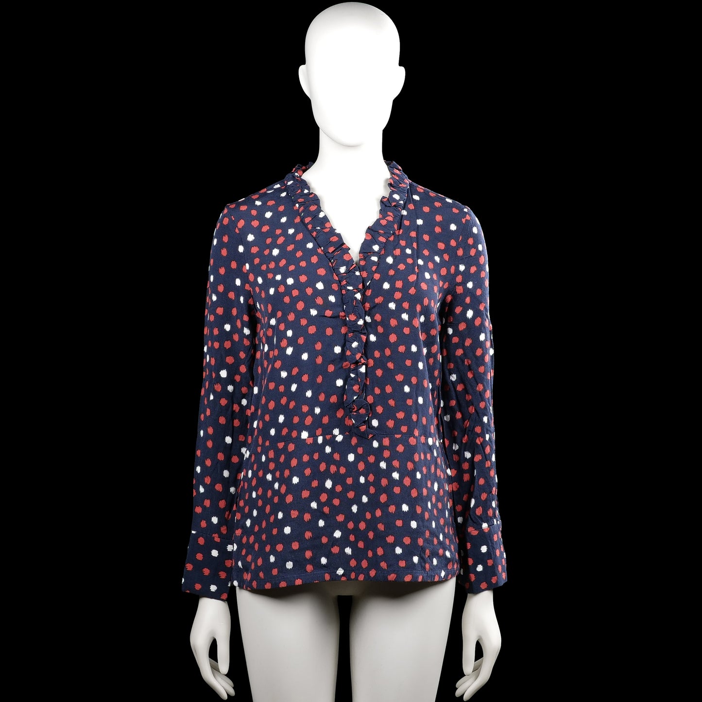 Part two - Blouse - Navy & Red - Size 34 - Navy top with a red and white dotted pattern and a ruffled V-neck. Long sleeves with plain cuffs and a straight hem.