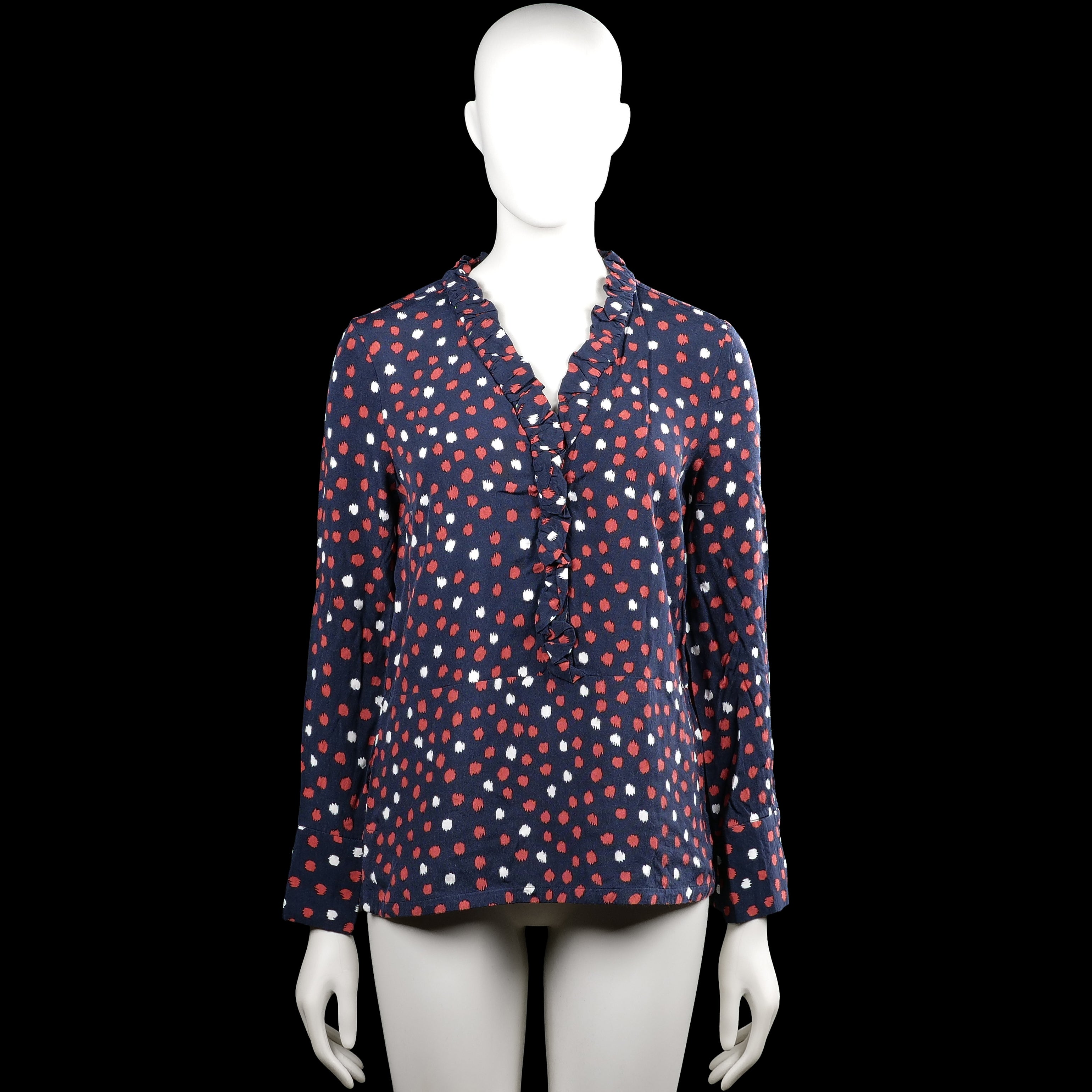 Part two - Blouse - Navy & Red - Size 34 - Navy top with a red and white dotted pattern and a ruffled V-neck. Long sleeves with plain cuffs and a straight hem.