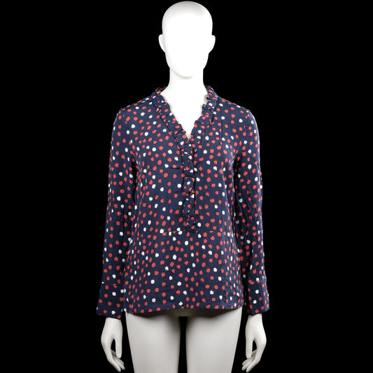 Part two - Blouse - Navy & Red - Size 34 - Navy top with a red and white dotted pattern and a ruffled V-neck. Long sleeves with plain cuffs and a straight hem.