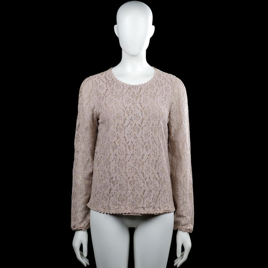 Ester elenora - Long-sleeve top - Taupe - Size M - Taupe top with an all-over floral lace pattern and a scoop neckline. Long sleeves with plain cuffs and a straight hem, with a back keyhole closure at the neck.