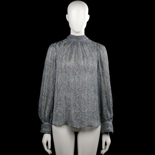 H&M - Blouse - Black & White - Size S - Black and white printed blouse with a high neckline and long sleeves. Features plain cuffs, a partial front opening at the neck, and a curved hem.