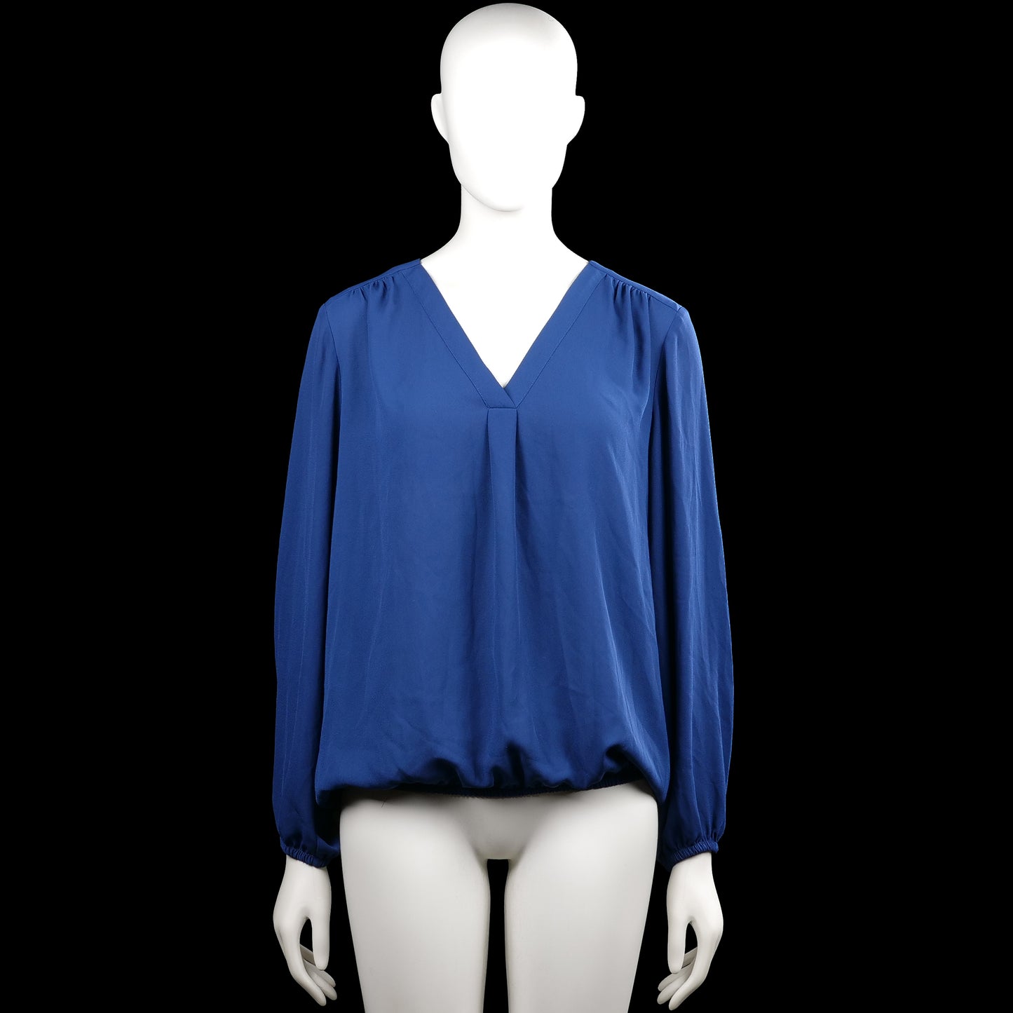 Chaus - Blouse - Royal Blue - Size M - Royal blue solid blouse with a V-neckline and long sleeves. Features elastic cuffs and an elastic hem.