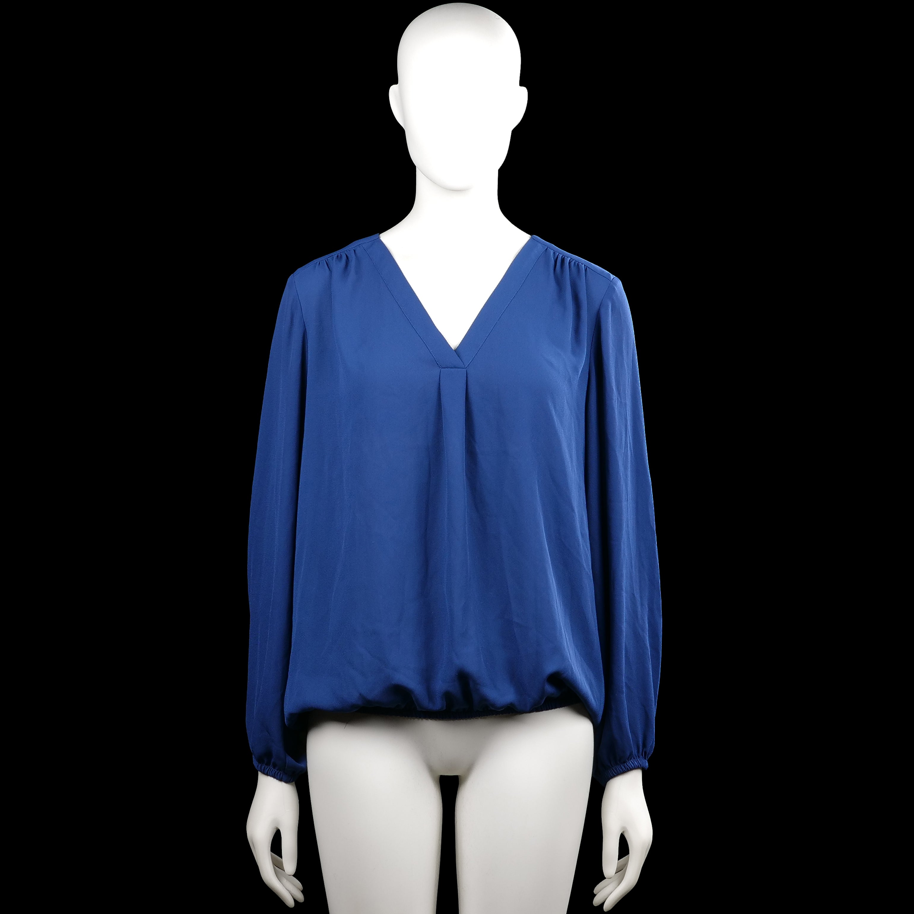 Chaus - Blouse - Royal Blue - Size M - Royal blue solid blouse with a V-neckline and long sleeves. Features elastic cuffs and an elastic hem.