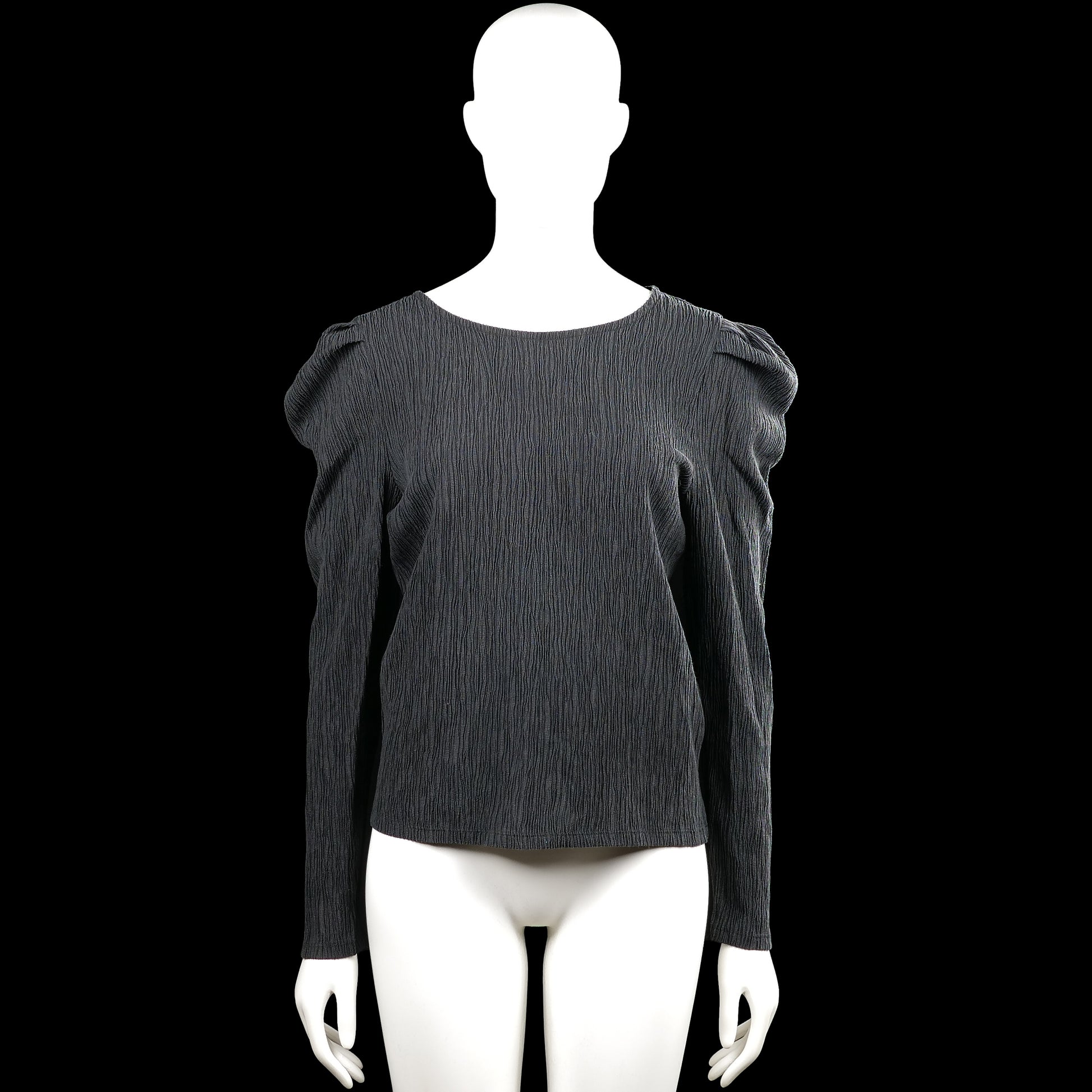 Lindex - Long-sleeve top - Dark Gray - Size L - Dark gray solid long-sleeve top with a V-neckline and a tie detail at the front. Features puff shoulders, plain cuffs, and a straight hem.