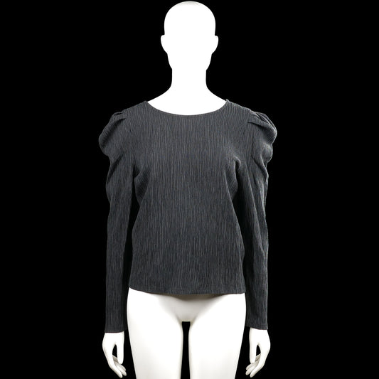Lindex - Long-sleeve top - Dark Gray - Size L - Dark gray solid long-sleeve top with a V-neckline and a tie detail at the front. Features puff shoulders, plain cuffs, and a straight hem.