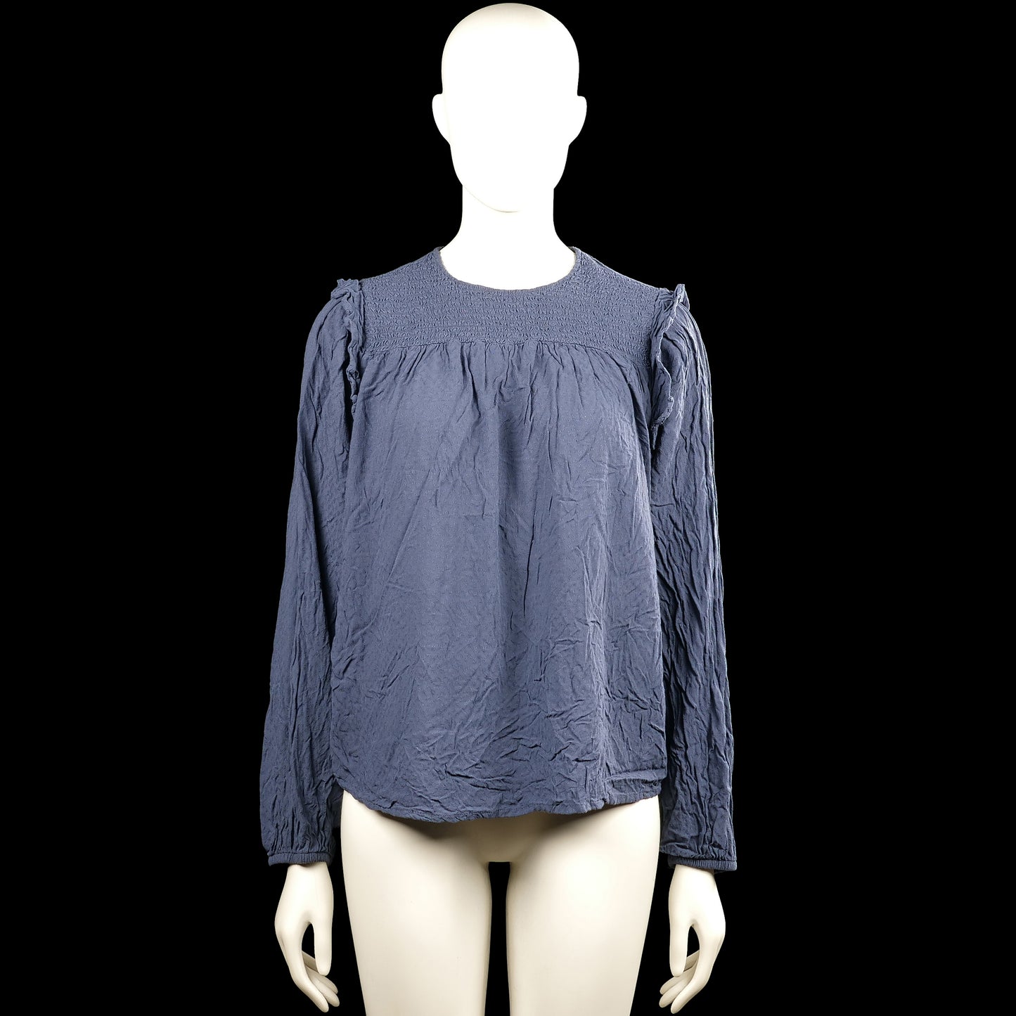 Kappahl - Blouse - Navy - Size M - Navy solid blouse with a round neck and long sleeves with elastic cuffs. Features a smocked yoke and a back keyhole with a button closure, plus a straight hem.