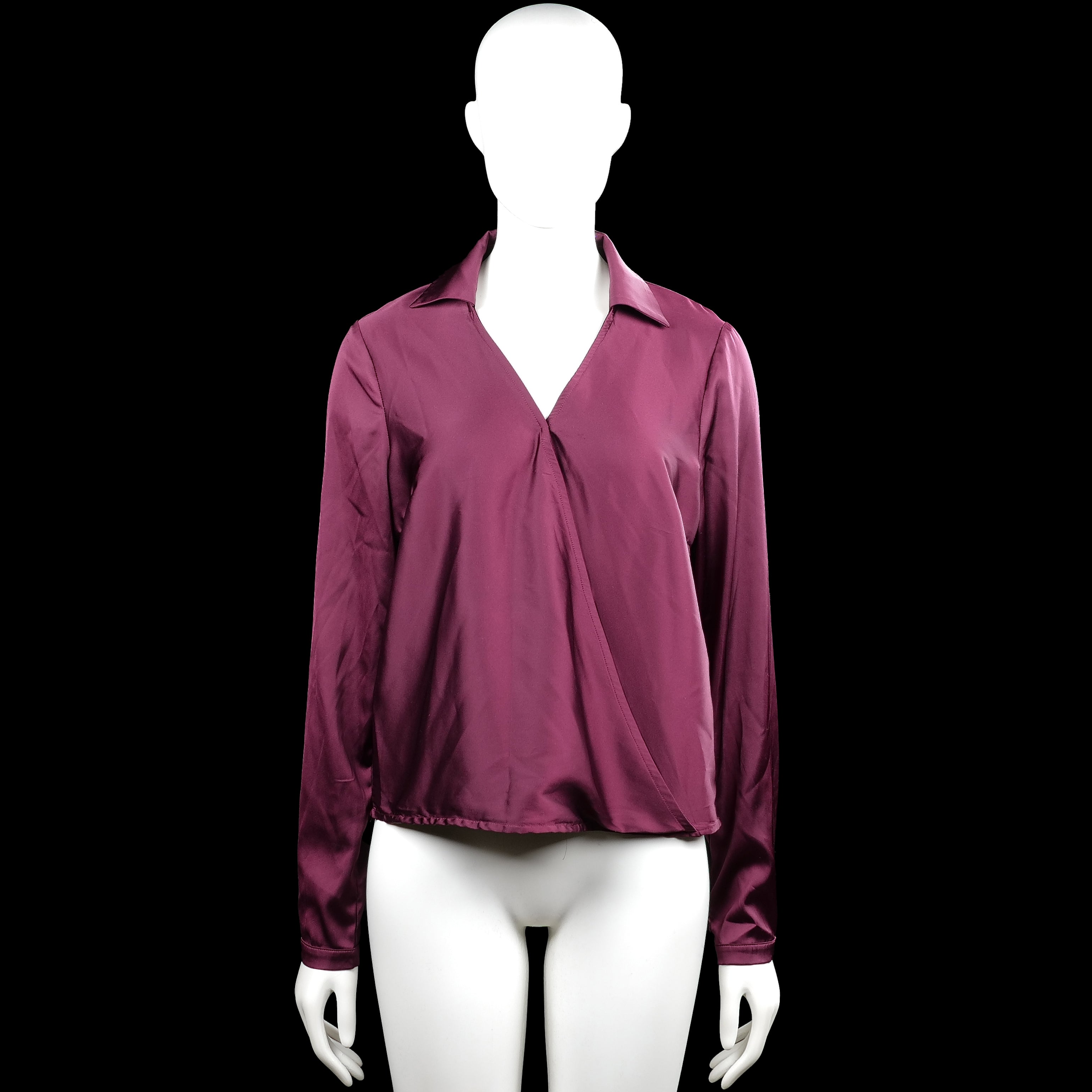 Beau - Blouse - Burgundy - Size 38 - Burgundy solid long-sleeve blouse with a classic collar and V-neck wrap-style front. Straight hem and button cuffs.