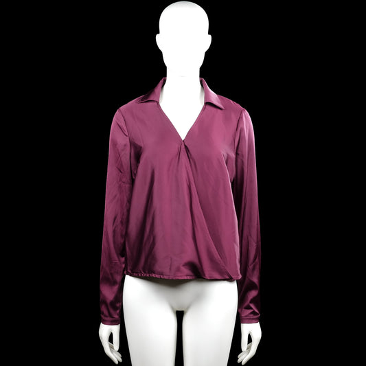 Beau - Blouse - Burgundy - Size 38 - Burgundy solid long-sleeve blouse with a classic collar and V-neck wrap-style front. Straight hem and button cuffs.