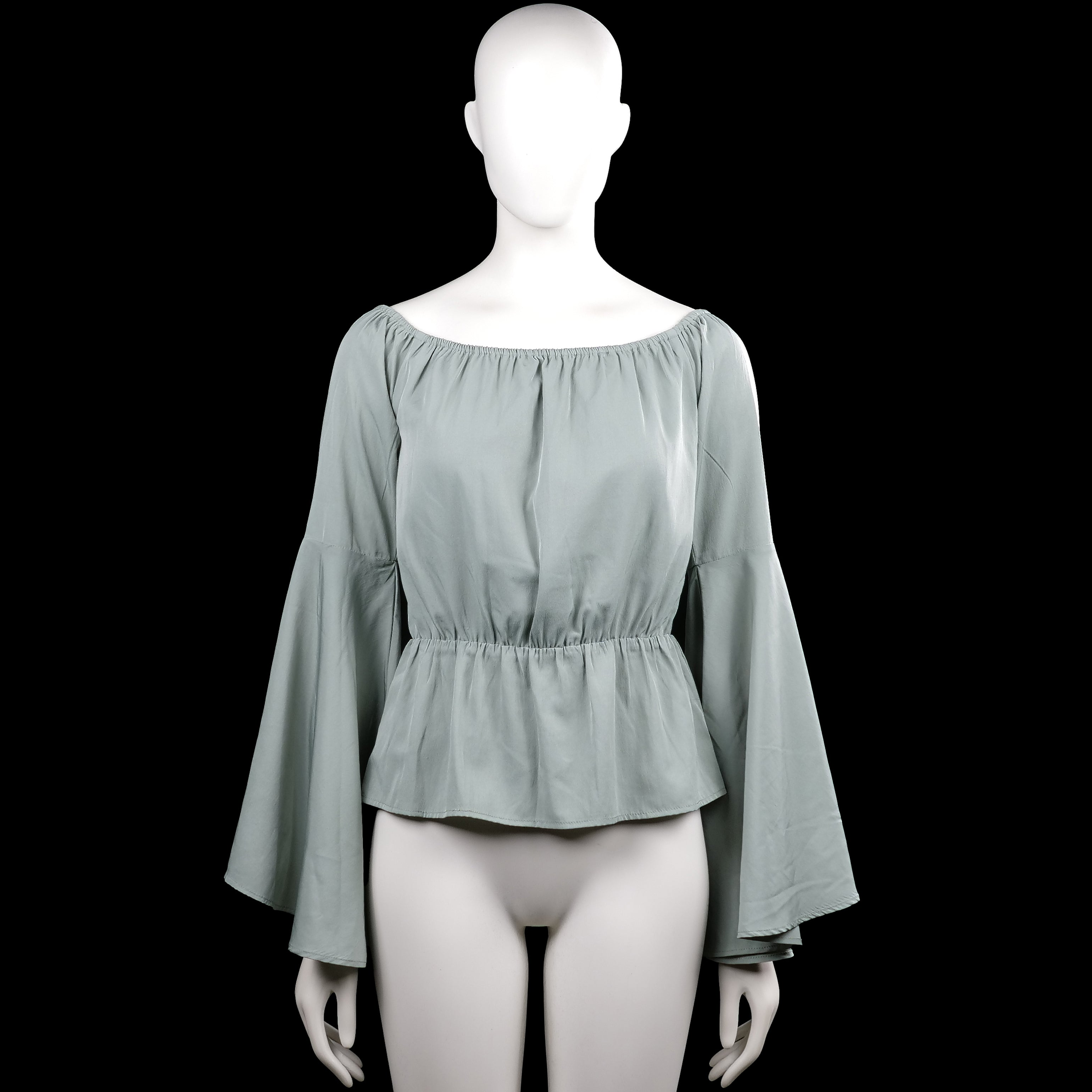Na-kd - Blouse - Sage - Size S - Sage solid off-shoulder top with long flared sleeves and an elastic neckline. Elastic waist seam and straight hem.