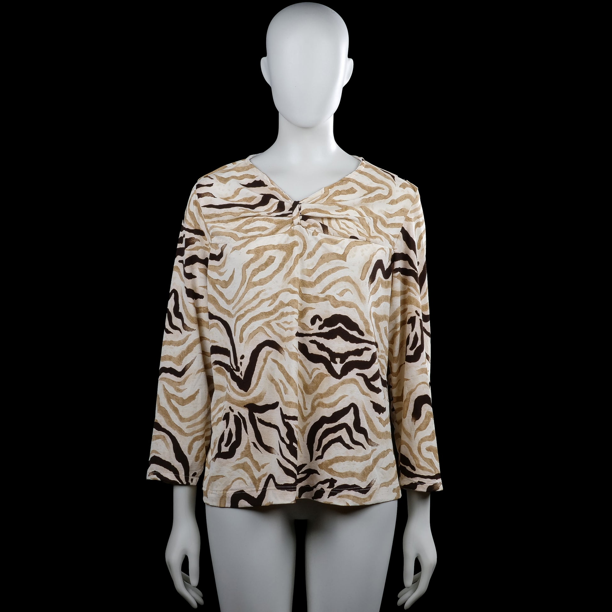 Long-sleeve top - Beige & Brown - Size L - Beige and brown zebra-pattern top with a V-neckline and long sleeves. Straight hem and plain cuffs.