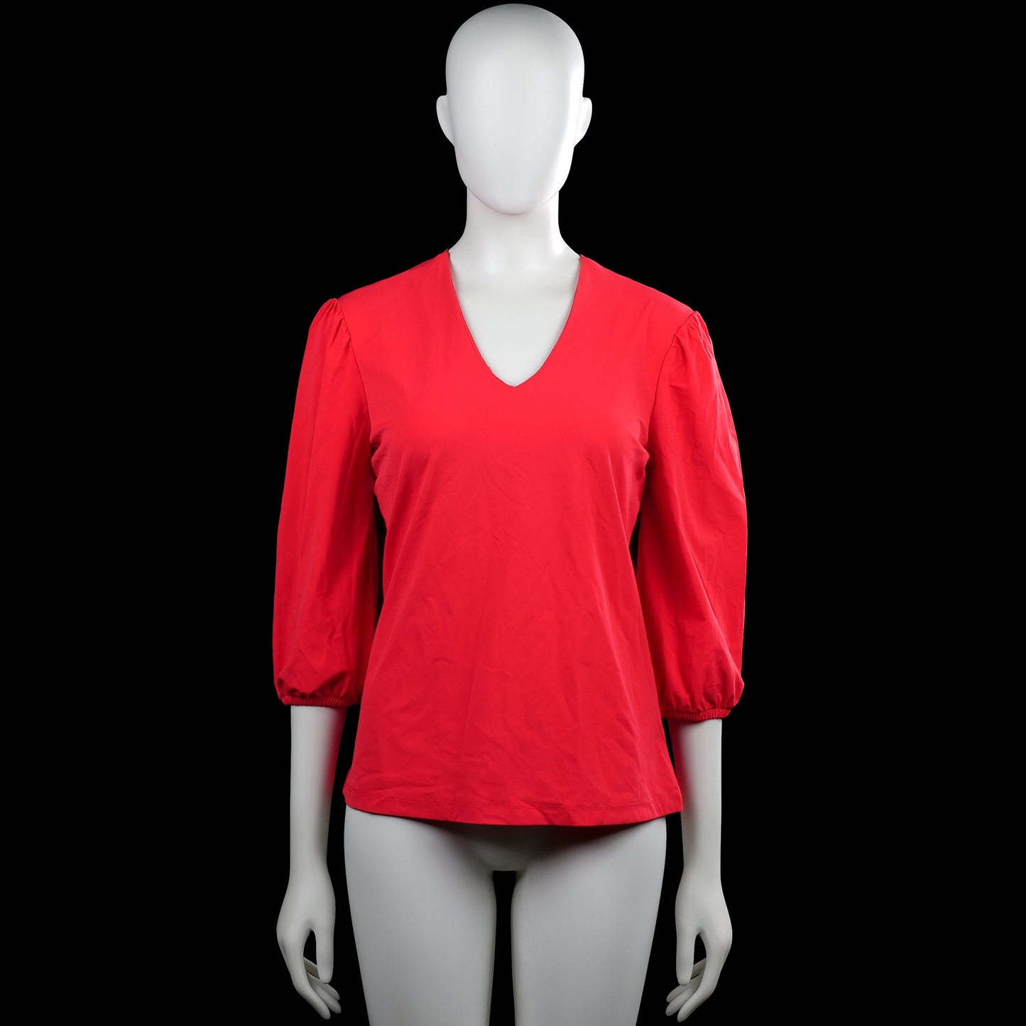 Mi piace - Long-sleeve top - Red - Size S - Red solid top with a V-neckline and three-quarter sleeves. Features gathered shoulders, elastic cuffs, and a straight hem.