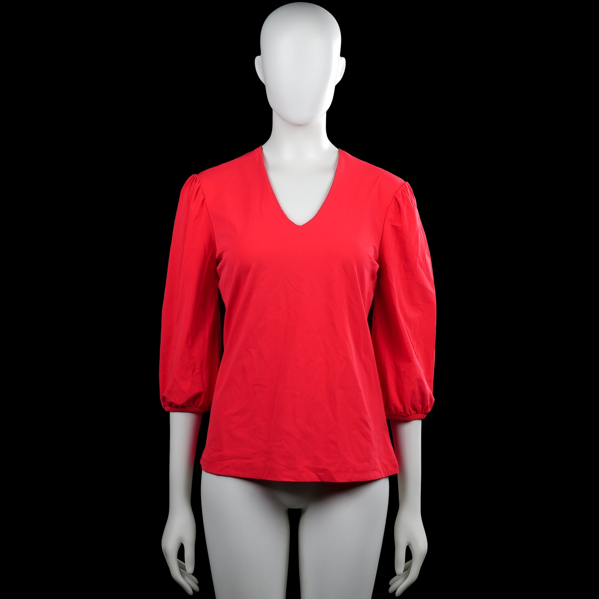 Mi piace - Long-sleeve top - Red - Size S - Red solid top with a V-neckline and three-quarter sleeves. Features gathered shoulders, elastic cuffs, and a straight hem.