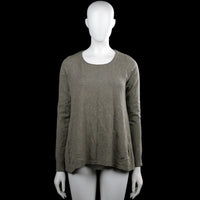 Sweater - Gray & Olive - Size M - Gray solid long-sleeve top with a round neckline and ribbed cuffs. Features a straight ribbed hem and an open back detail showing an olive panel with bow accents.