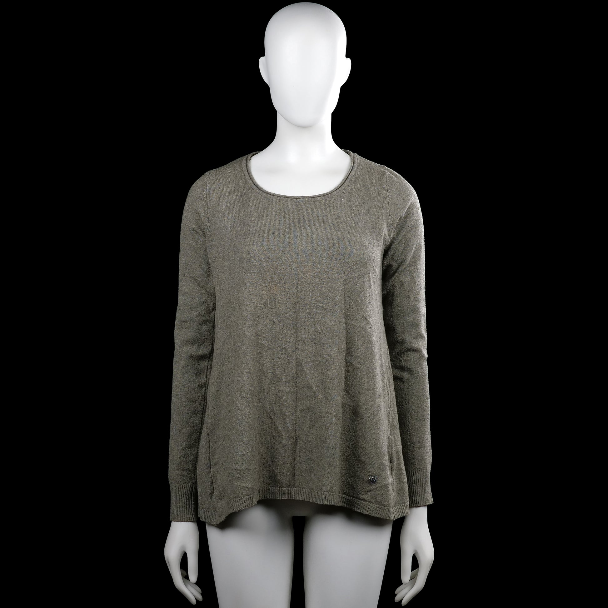 Sweater - Gray & Olive - Size M - Gray solid long-sleeve top with a round neckline and ribbed cuffs. Features a straight ribbed hem and an open back detail showing an olive panel with bow accents.