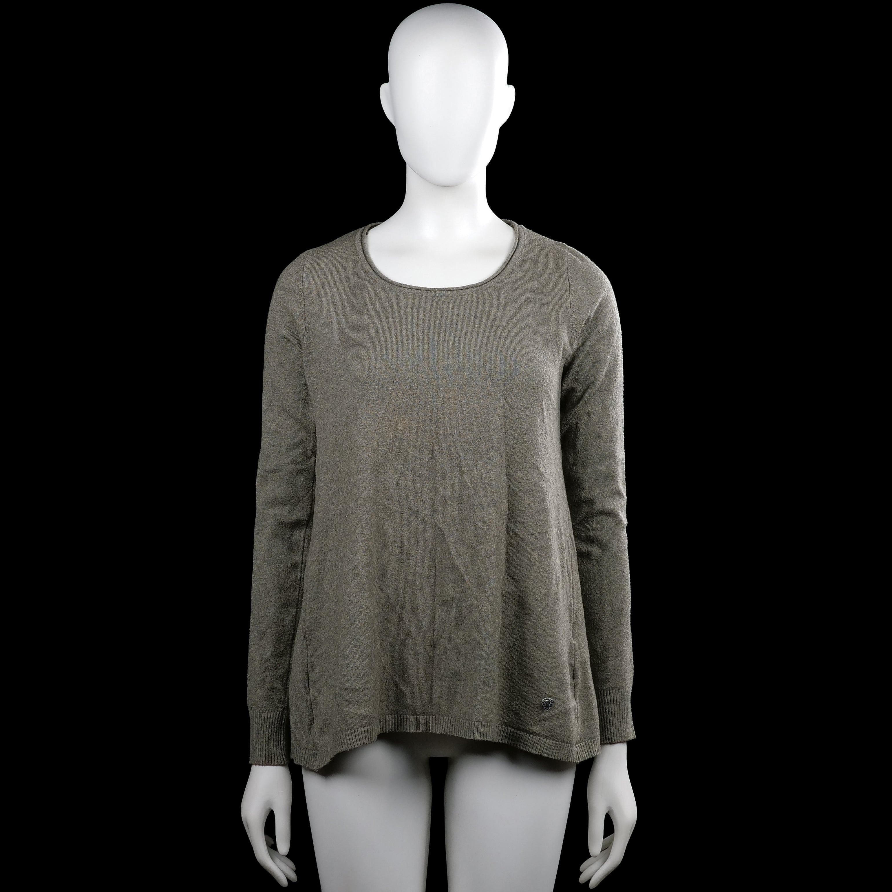 Sweater - Gray & Olive - Size M - Gray solid long-sleeve top with a round neckline and ribbed cuffs. Features a straight ribbed hem and an open back detail showing an olive panel with bow accents.