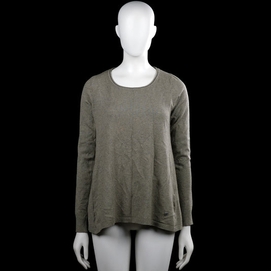 Sweater - Gray & Olive - Size M - Gray solid long-sleeve top with a round neckline and ribbed cuffs. Features a straight ribbed hem and an open back detail showing an olive panel with bow accents.