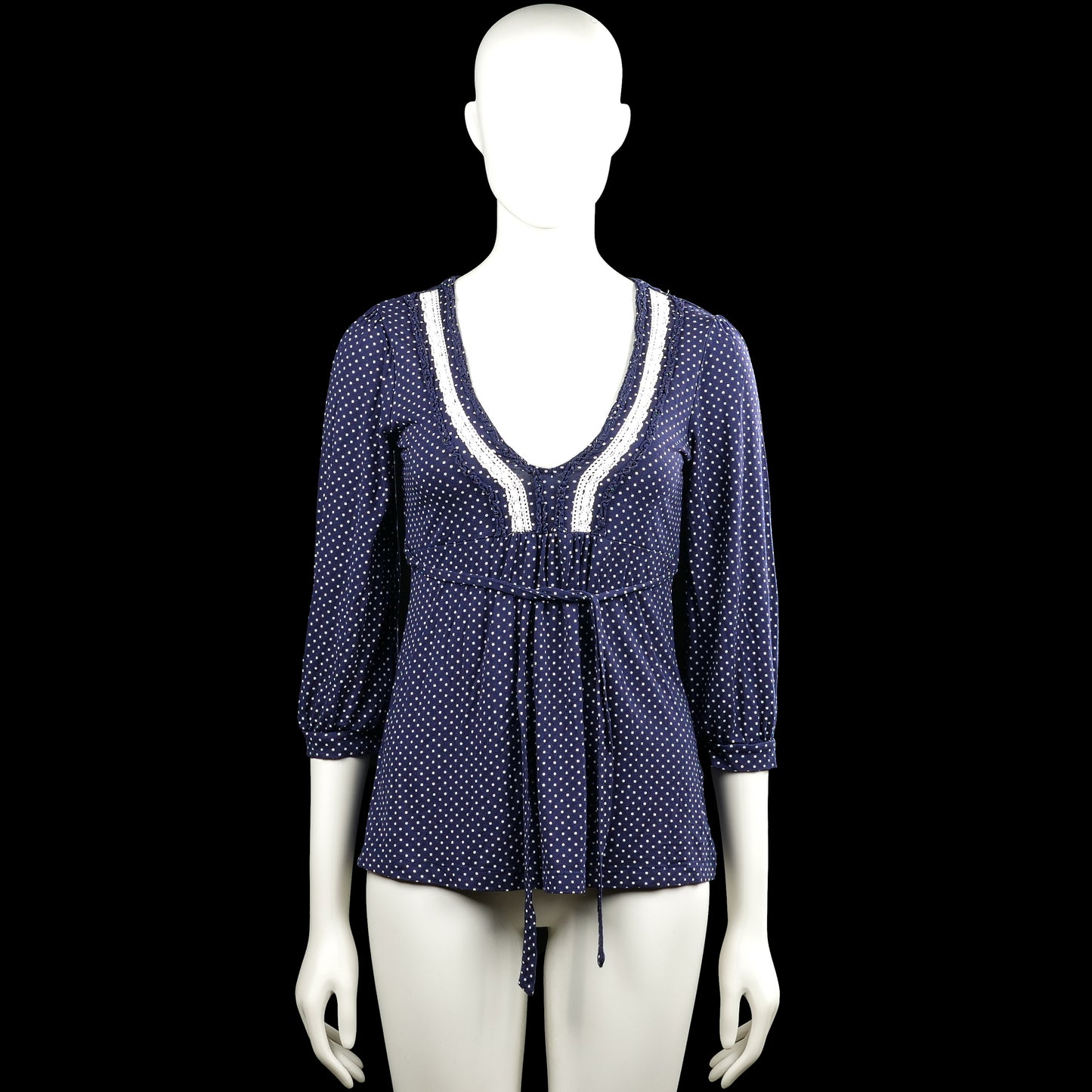 Lindex - Tunic - Navy & White - Size XS - Navy and white dotted top with a scoop neckline and three-quarter sleeves with plain cuffs. Features white trim at the neckline, a tie belt at the waist, and a straight hem.