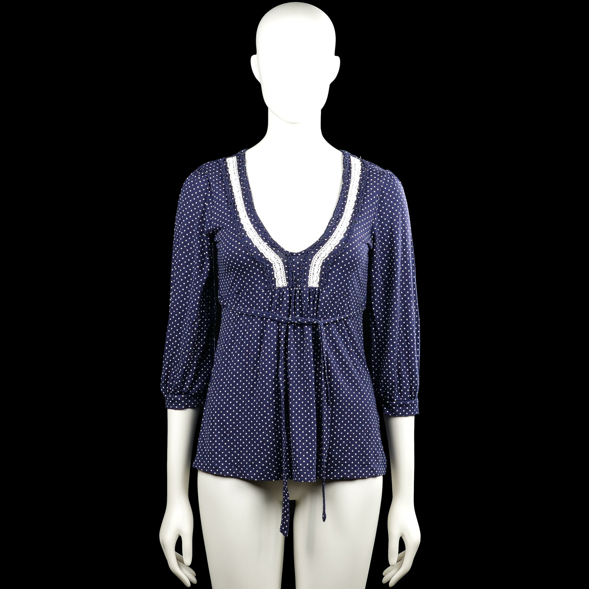 Lindex - Tunic - Navy & White - Size XS - Navy and white dotted top with a scoop neckline and three-quarter sleeves with plain cuffs. Features white trim at the neckline, a tie belt at the waist, and a straight hem.