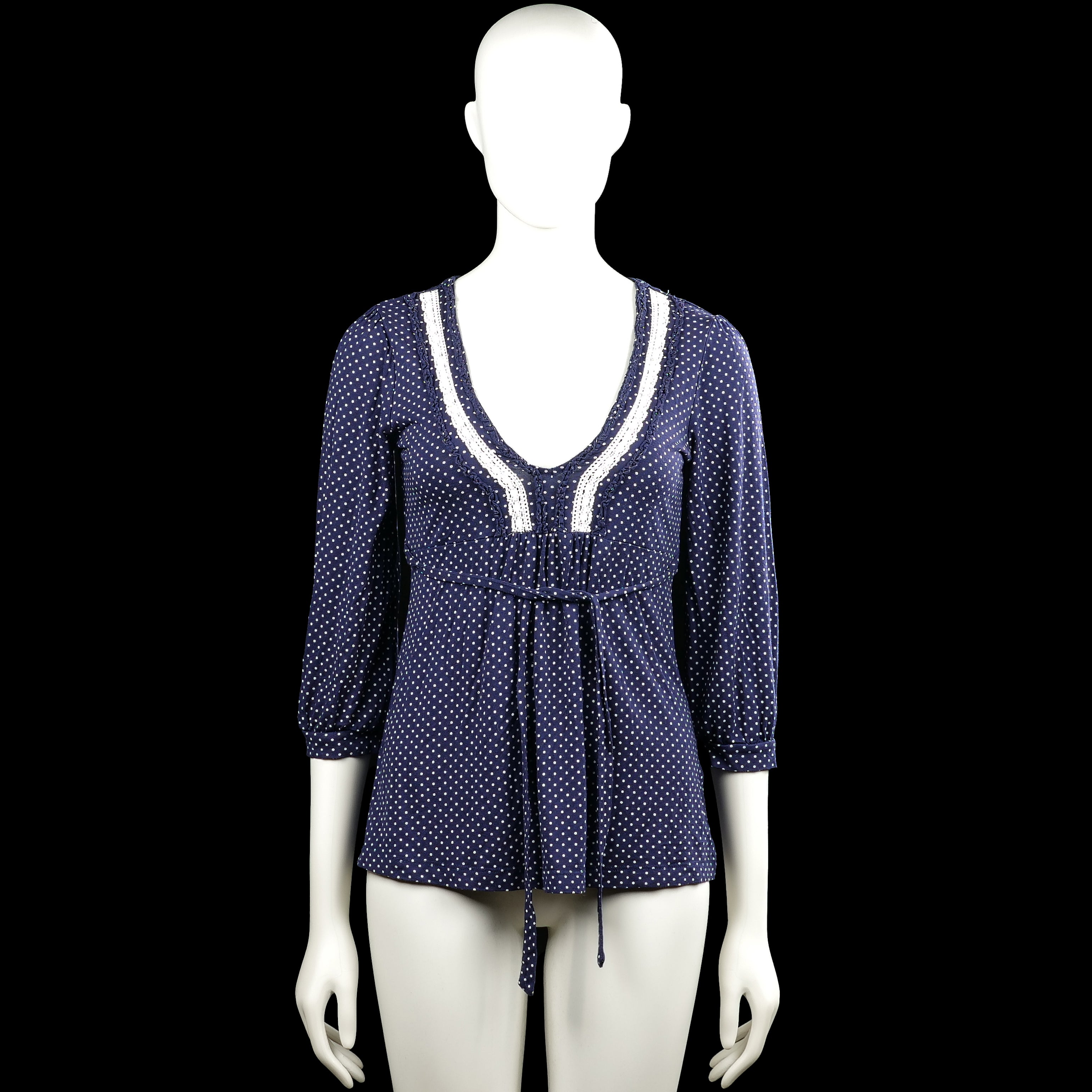 Lindex - Tunic - Navy & White - Size XS - Navy and white dotted top with a scoop neckline and three-quarter sleeves with plain cuffs. Features white trim at the neckline, a tie belt at the waist, and a straight hem.