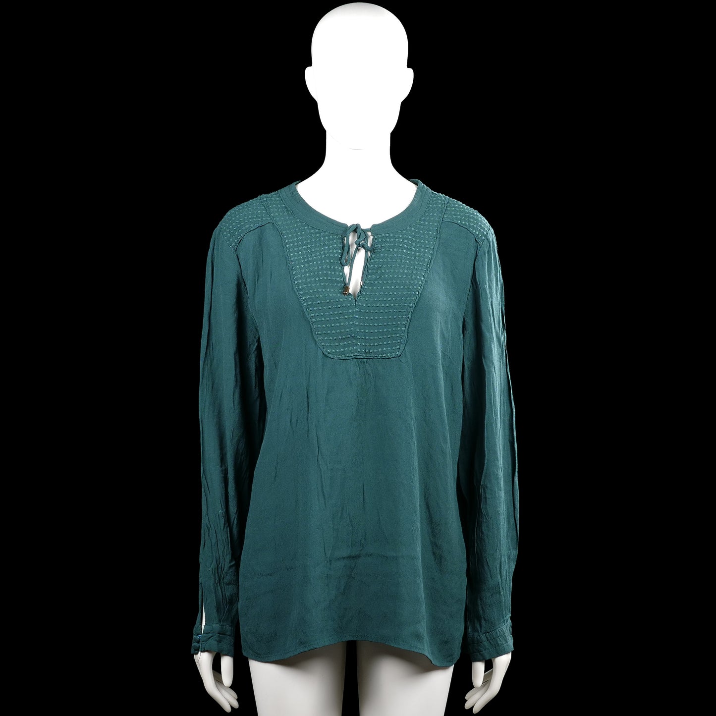 Flash Woman - Tunic - Turquoise - Size XL - Turquoise solid long-sleeve top with a round neckline and a short keyhole opening tied at the front. Straight hem and plain cuffs.