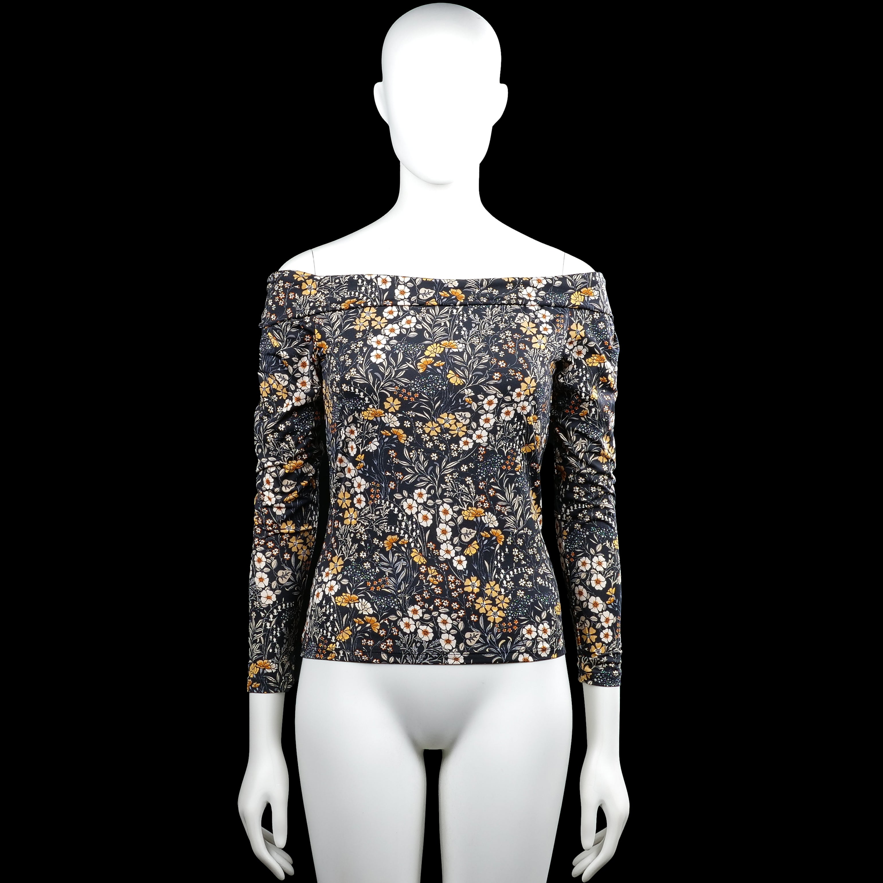 H&M - Long-sleeve top - Navy & White - Size S - Off-shoulder top in navy and white with an all-over floral pattern and long sleeves. Straight hem with plain cuffs.