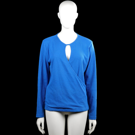 Rainbow - Long-sleeve top - Royal Blue - Size 40, 42 - Royal blue solid long-sleeve top with a round neckline and a keyhole opening at the center front. Wrap-style front and straight hem with plain cuffs.