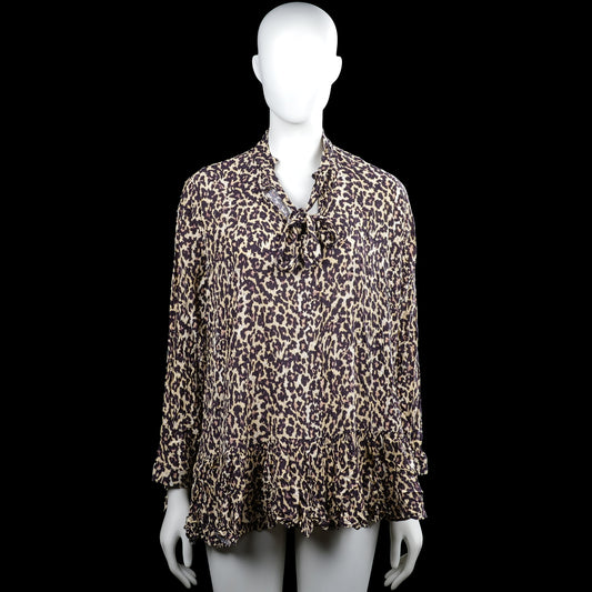 Zara - Tunic - Beige & Black - Size M - Beige and black leopard-pattern blouse with a tie at the V-neckline and long sleeves. Features a ruffled hem and ruffled sleeve ends.
