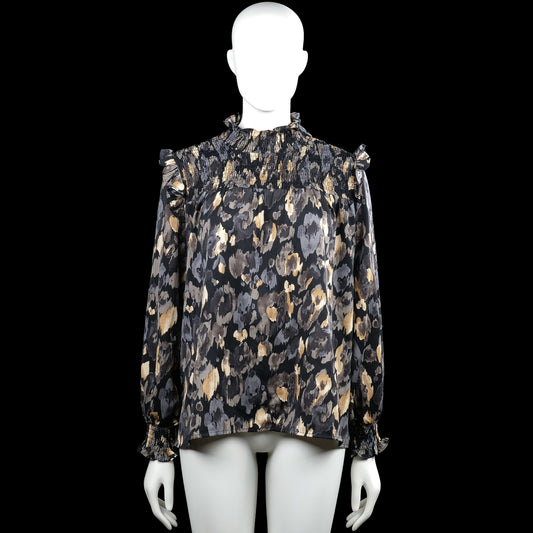 Unika - Blouse - Black & Gray - Size M, L - Black and gray floral blouse with a smocked high ruffle neck and ruffle shoulder details. Long sleeves with elastic smocked cuffs and a straight hem.