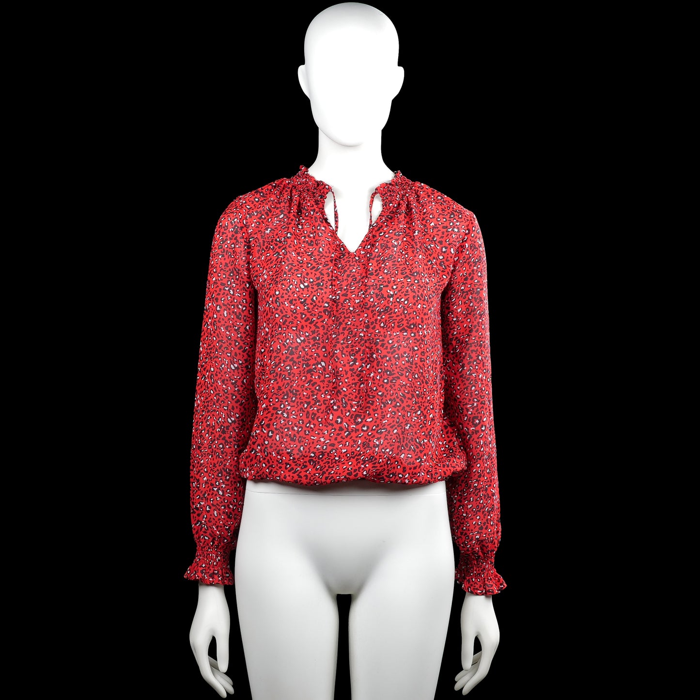 Only - Blouse - Red & Black - Size 36 - Red and black leopard-pattern blouse with a V-neck and tie detail at the neckline. Long sleeves with elastic cuffs and an elastic hem.