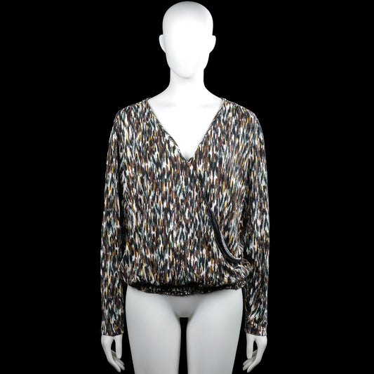 Ms Mode - Blouse - Multicolored - Size L - Multicolored printed wrap-style top with a V-neckline and long sleeves. Elasticated hem with plain cuffs and a visible tie detail at the waist.