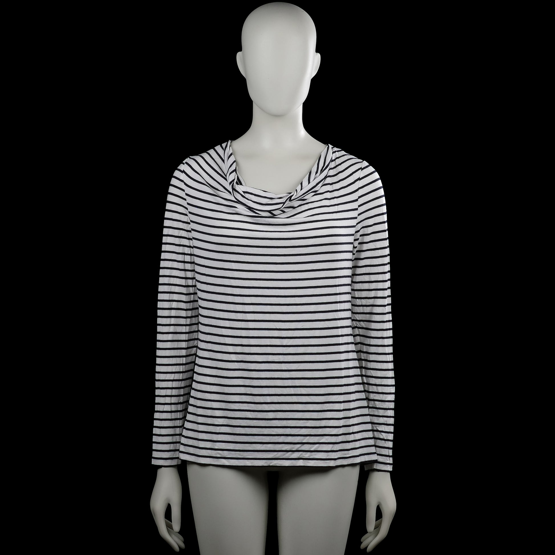 Taifun - Long-sleeve top - White & Black - Size M - White top with black horizontal stripes and a draped cowl neckline. Long sleeves with plain cuffs and a straight hem.