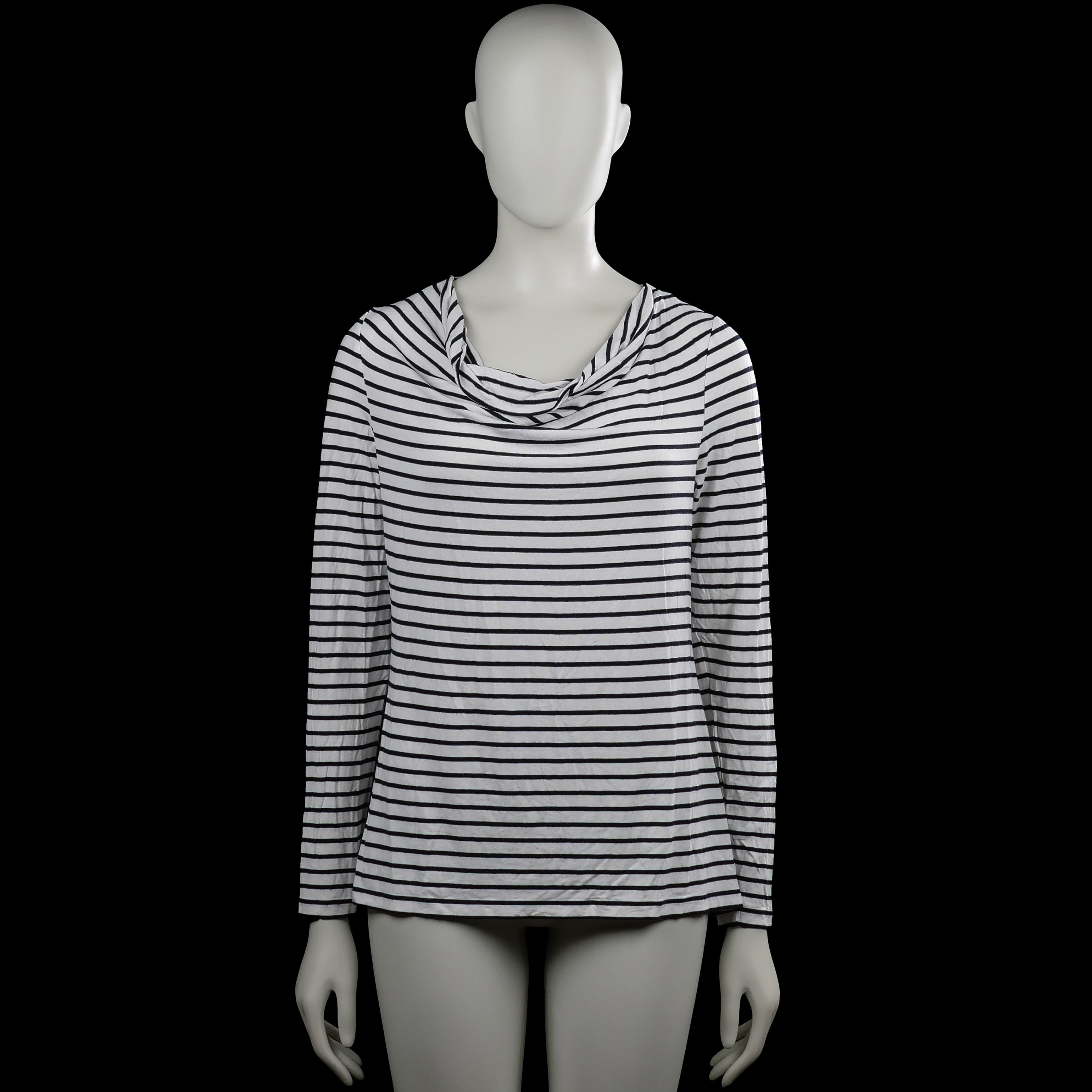 Taifun - Long-sleeve top - White & Black - Size M - White top with black horizontal stripes and a draped cowl neckline. Long sleeves with plain cuffs and a straight hem.
