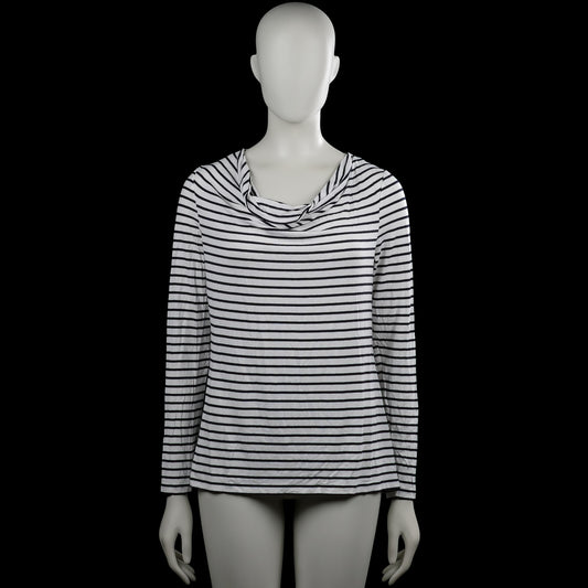 Taifun - Long-sleeve top - White & Black - Size M - White top with black horizontal stripes and a draped cowl neckline. Long sleeves with plain cuffs and a straight hem.