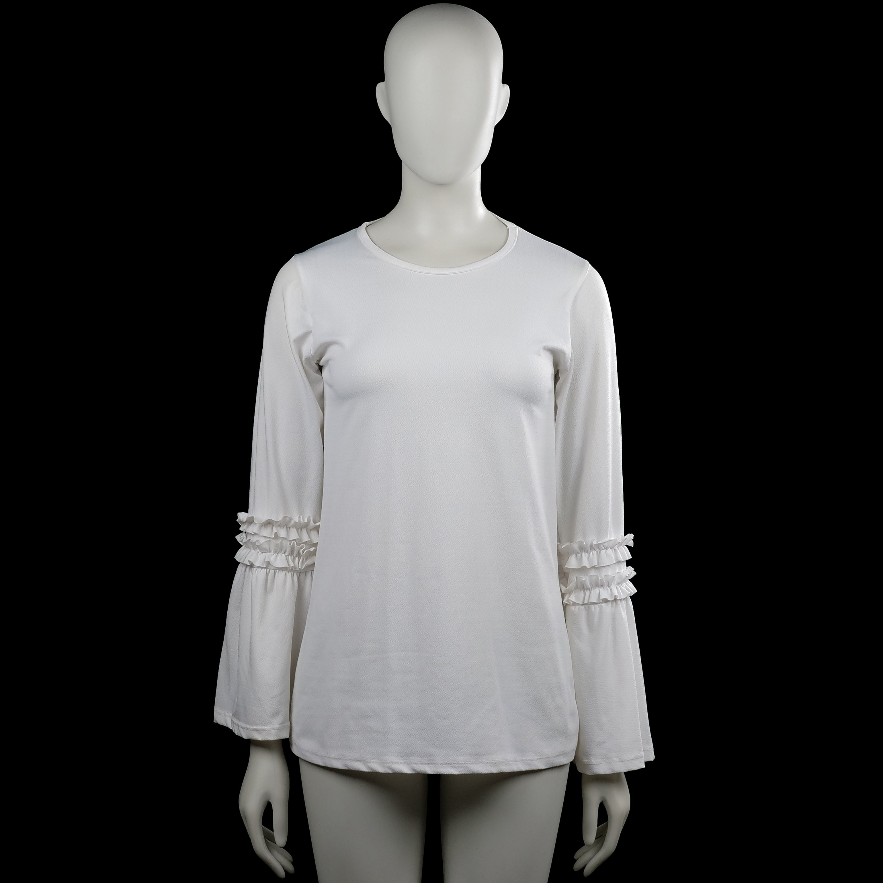 Tunic - White - Size M - White solid top with a round neckline and long sleeves featuring ruffle bands near the cuffs. Straight hem with no visible closures.