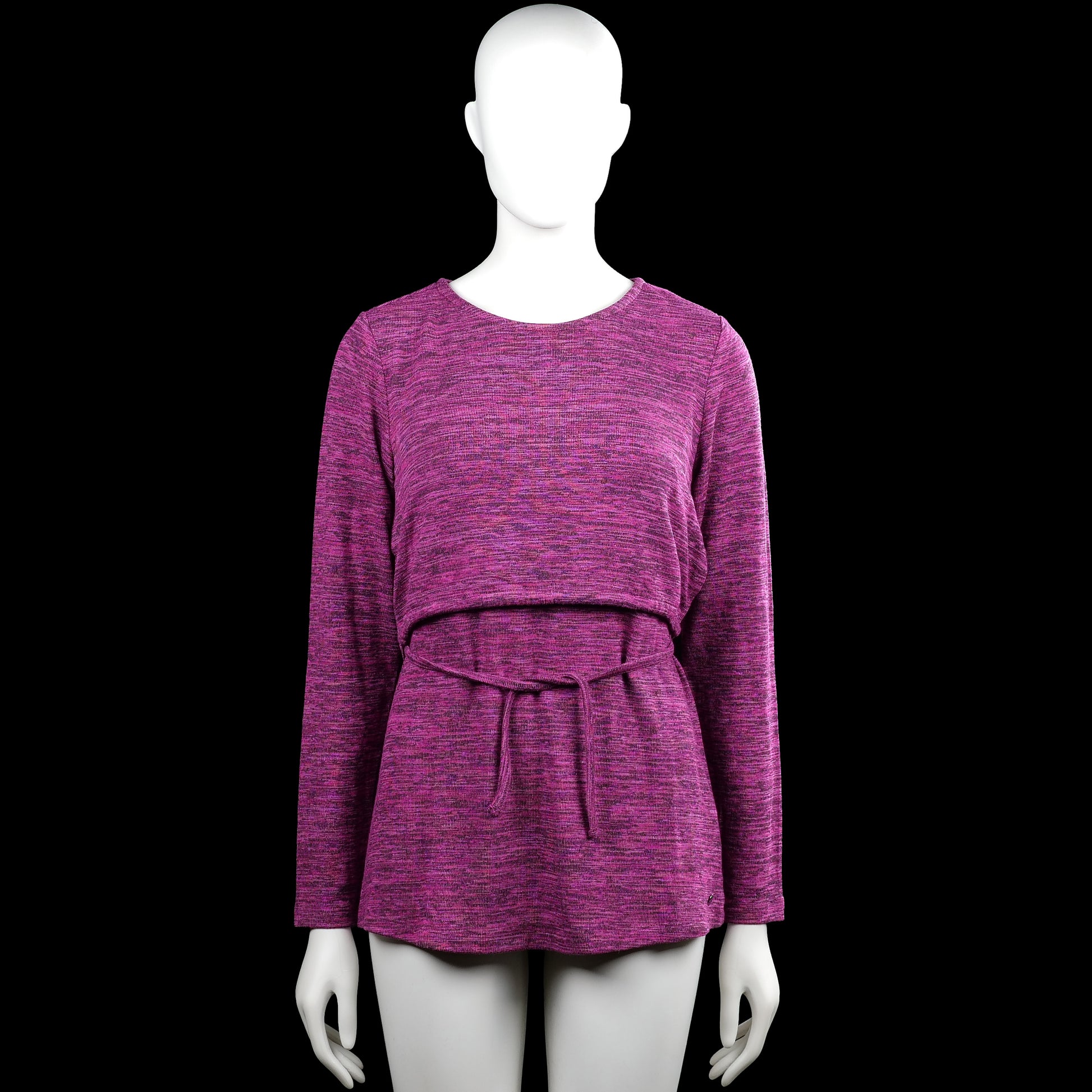 Esprit - Tunic - Purple & Black - Size M - (NEW) - Purple and black heathered long-sleeve top with a round neckline and straight hem. Features a gathered waist with a self-tie belt and a small back keyhole opening.